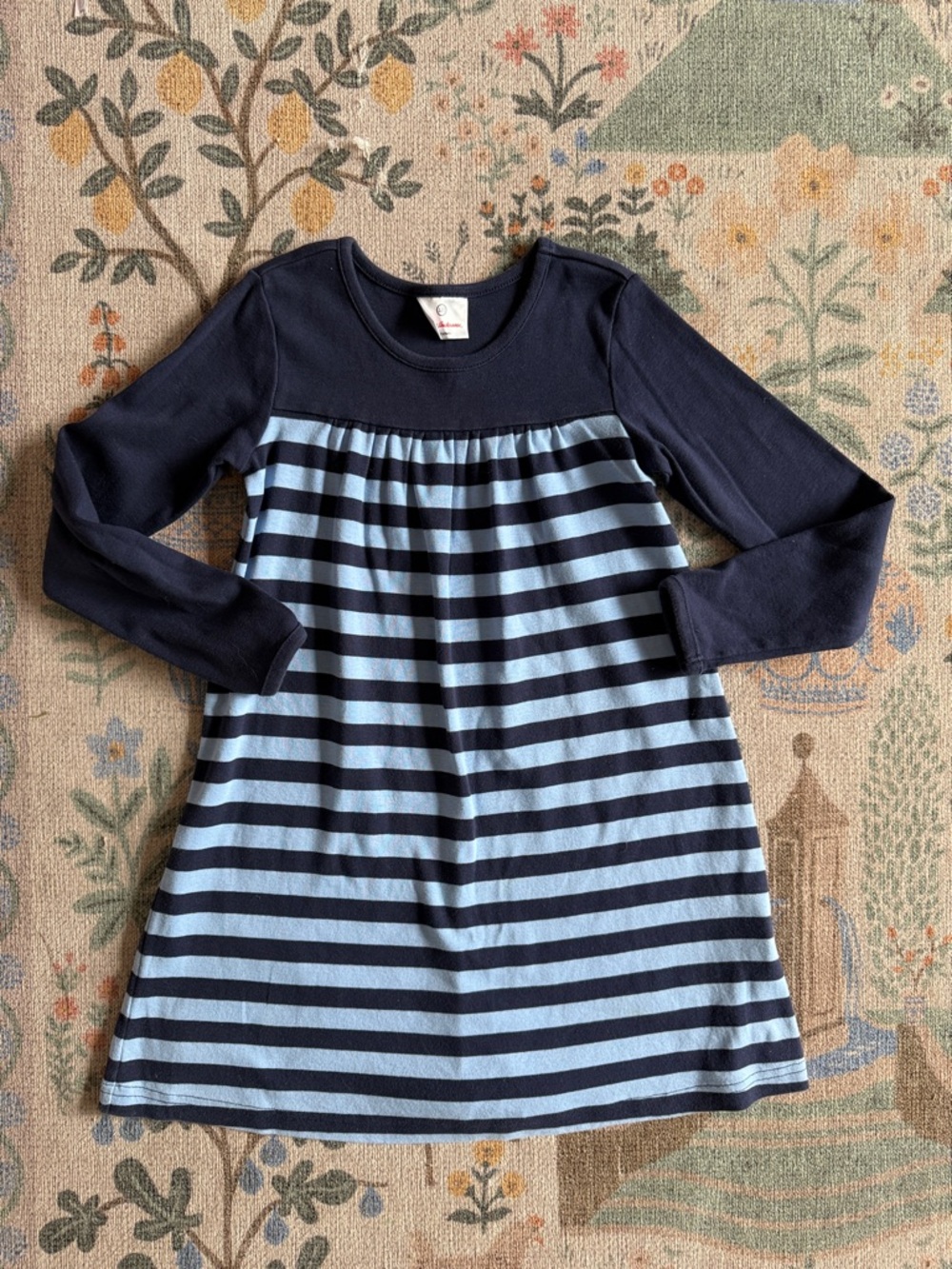 Hanna Andersson Navy and Light Blue Striped Long-Sleeve Dress 120